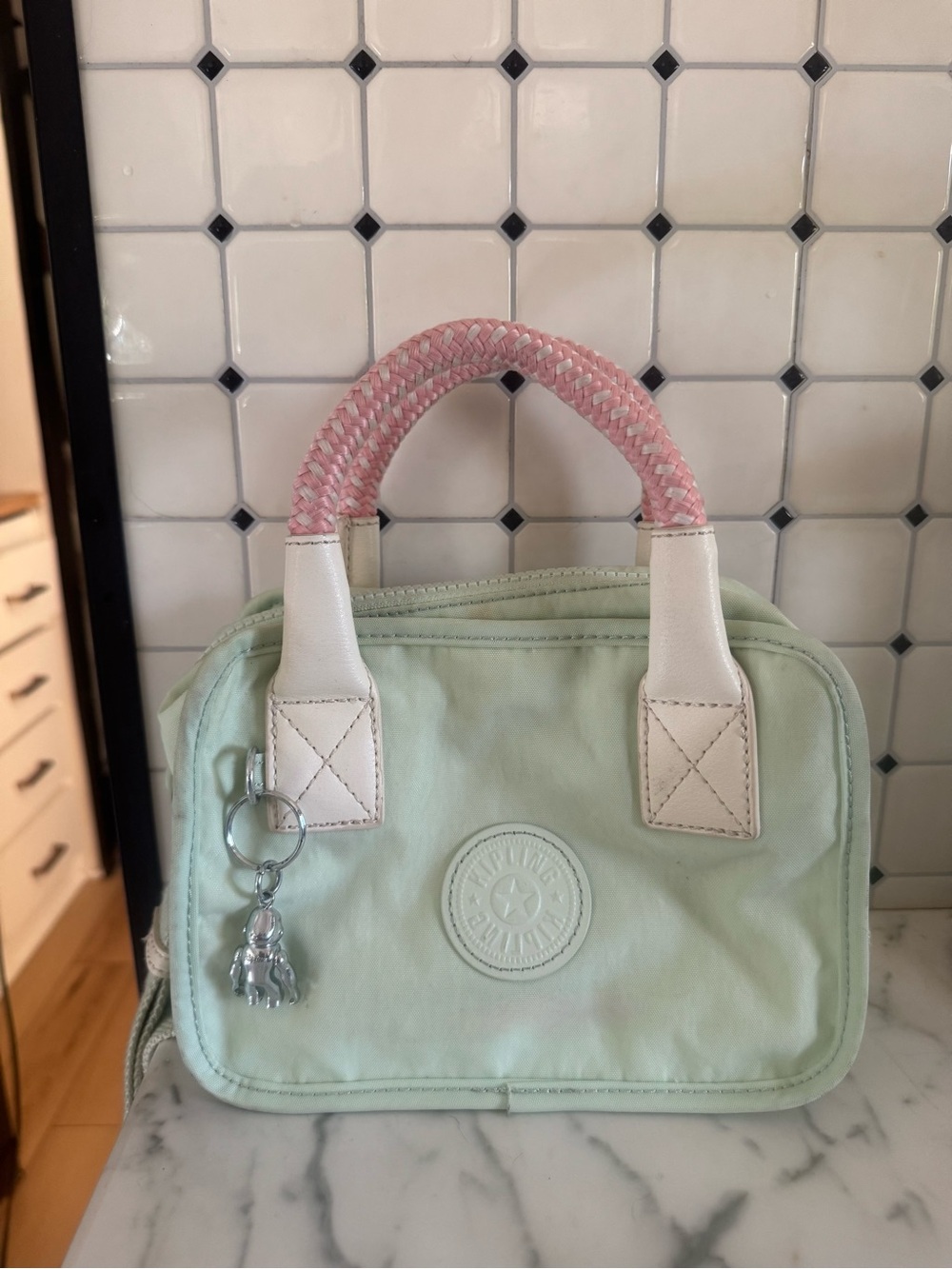 Kipling Kristy Pastel Mint Crossbody Bag with Pink Braided Handle